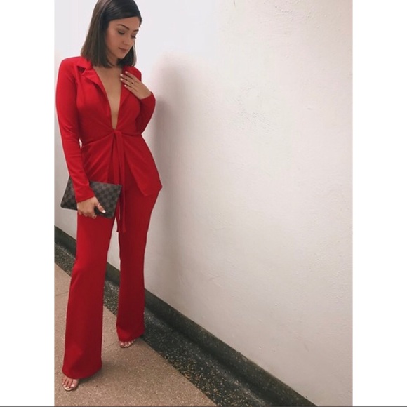 red 2 piece pant suit